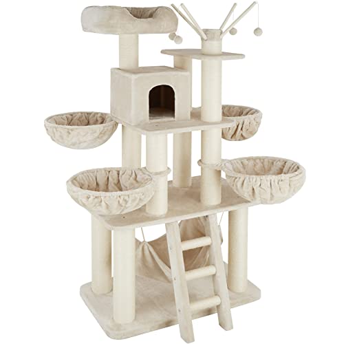 tectake Katzenbaum XXL, Kratzbaum groß, 195 cm, Kratzbaum deckenhoch, Kletterbaum mit Liegemulden, Hängematte, Treppe und Höhle, stabile Säulen mit Sisal, Spielbaum für Katzen - beige/weiß von tectake