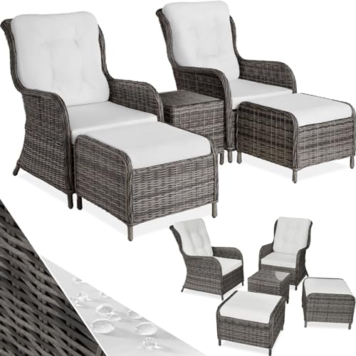 tectake® 2X Premium Rattan Sessel mit Hocker und Tisch, Relaxsessel für Garten, Terrasse und Balkon, Lounge Gartenmöbel Set wetterfest, variabel, Gartenstühle, Lesesessel und Sonnenliege - grau von tectake