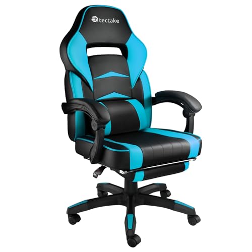 tectake® Bürostuhl ergonomisch, Chefsessel mit Lendenkissen, Drehstuhl mit Rollen und Fußstütze, Schreibtischstuhl mit Armlehnen & verstellbare Rückenlehne, PC Stuhl, Gaming Stuhl - schwarz/Azur von tectake