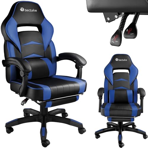 tectake® Bürostuhl ergonomisch, Chefsessel mit Lendenkissen, Drehstuhl mit Rollen und Fußstütze, Schreibtischstuhl mit Armlehnen & verstellbare Rückenlehne, PC Stuhl, Gaming Stuhl - schwarz/blau von tectake