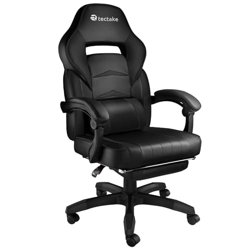 tectake® Bürostuhl ergonomisch, Chefsessel mit Lendenkissen, Drehstuhl mit Rollen und Fußstütze, Schreibtischstuhl mit Armlehnen & verstellbare Rückenlehne, PC Stuhl, Gaming Stuhl - schwarz/schwarz von tectake