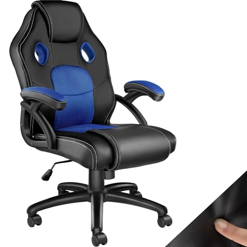 tectake® Racing Bürostuhl, Gaming Stuhl mit Wippfunktion, Chefsessel, Drehstuhl mit Rollen, höhenverstellbarer Schreibtischstuhl, Bürostuhl ergonomisch, PC Stuhl - schwarz/blau von tectake