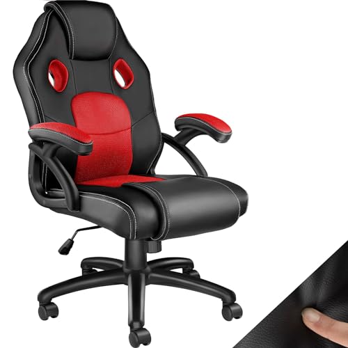 tectake® Racing Bürostuhl, Gaming Stuhl mit Wippfunktion, Chefsessel, Drehstuhl mit Rollen, höhenverstellbarer Schreibtischstuhl, Bürostuhl ergonomisch, PC Stuhl - schwarz/rot von tectake