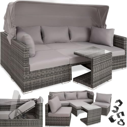 tectake Rattan Sonneninsel Sitzgruppe, Lounge Möbel Set inkl. Sofa mit Sonnendach, Hocker, Sesseln und Tisch, Outdoor Gartenmöbel, Loungemöbel Balkon und Garten, Terrassenmöbel, wetterfest - grau von tectake