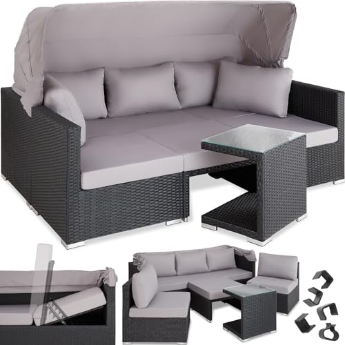 tectake Rattan Sonneninsel Sitzgruppe, Lounge Möbel Set inkl. Sofa mit Sonnendach, Hocker, Sesseln und Tisch, Outdoor Gartenmöbel, Loungemöbel Balkon und Garten, Terrassenmöbel, wetterfest - schwarz von tectake