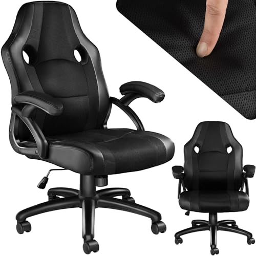 tectake® Gaming Stuhl, Bürostuhl ergonomisch, Racing Bürostuhl, Chefsessel mit Wippfunktion und Armlehnen, Drehstuhl, höhenverstellbarer Schreibtischstuhl, PC Stuhl, Gaming Chair - schwarz von tectake