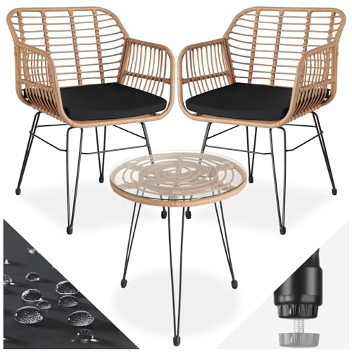 tectake® Outdoor Rattan Sitzgruppe, Möbel für 2 Personen, 3-TLG. Bistroset, Balkonmöbel, Gartenmöbel Set mit 2X Stühle + Tisch, kleine Lounge wetterfest für Garten Balkon Terrasse - Natur von tectake