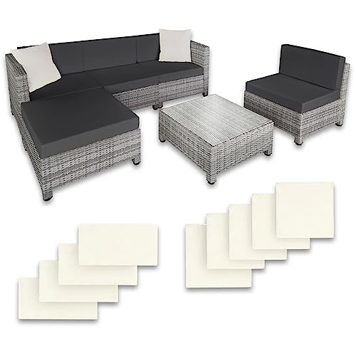 tectake Gartenmöbel Set, Lounge aus Poly Rattan und Aluminium, Balkon Möbel Set mit 10 cm Polsterung und Kissen, ideal für Garten und Balkon, inkl. 2 Sessel, 2 Ecksessel, 1 Tisch, 1 Hocker - hellgrau von tectake