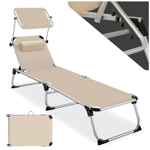 tectake Sonnenliege mit Dach, Balkon Liege aus Aluminium, klappbare Gartenliege, wetterfest, Liegestuhl für Garten, Camping und Strand mit Verstellbarer Rückenlehne, 2 Tragegriffe - beige von tectake