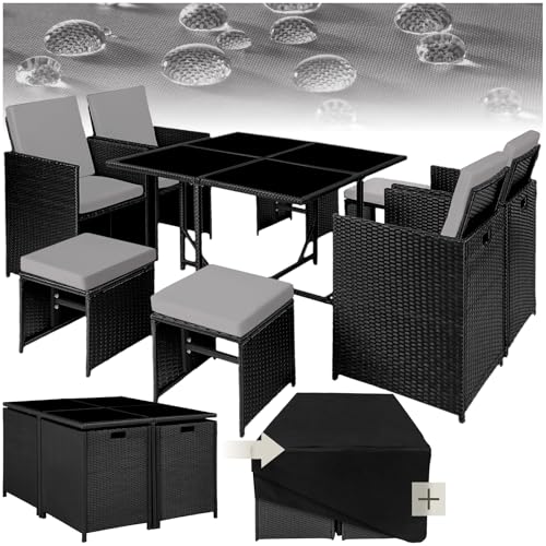 tectake Lounge Möbel Set aus 4x Stühle, 1x Tisch, 4x Hocker, wetterfest und platzsparende Cube Aufbewahrung inkl. Schutzhülle, outdoor Rattan Gartenmöbel für Balkon, Garten und Terrasse - schwarz/grau von tectake