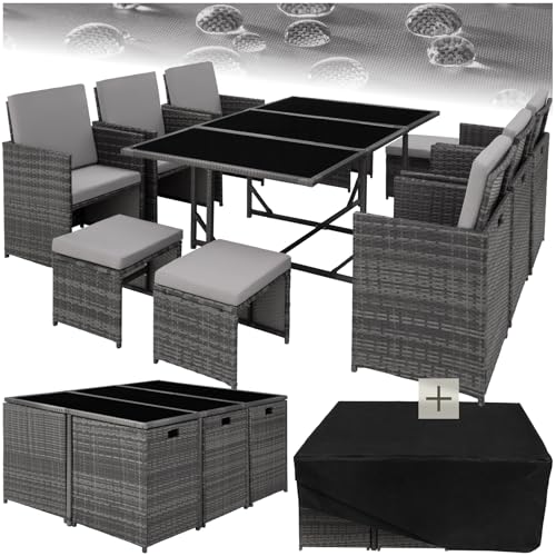 tectake® Outdoor Balkon Gartenmöbel Set, Lounge mit 6 Stühlen, 4 Hocker und 1 Tisch, Poly Rattan Geflecht, wetterfest, platzsparend - grau von tectake