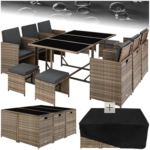 tectake® Outdoor Balkon Gartenmöbel Set, Lounge mit 6 Stühlen, 4 Hocker und 1 Tisch, Poly Rattan Geflecht, wetterfest, platzsparend - Natur von tectake