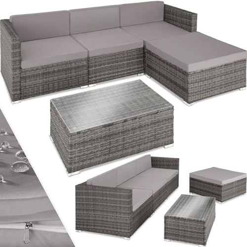 tectake Polyrattan Lounge inkl. Sitzkissen, Rückenkissen und Glastisch, Balkon Möbel, Lounge Gartenmöbel Set für die Terrasse, den Balkon oder den Garten - grau von tectake