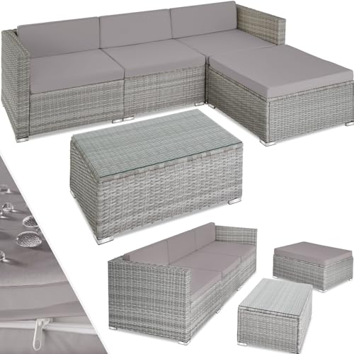 tectake Polyrattan Lounge inkl. Sitzkissen, Rückenkissen und Glastisch, Balkon Möbel, Lounge Gartenmöbel Set für die Terrasse, den Balkon oder den Garten - hellgrau/dunkelgrau von tectake