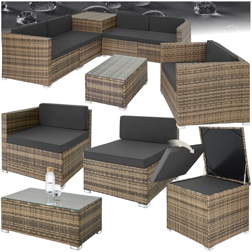 tectake Polyrattan Sitzgruppe mit Aufbewahrungsbox für Polster, Tisch mit Glasplatte, frei zu gruppierendes Gartenmöbel Set, Rattan Lounge für den Garten – Balkonmöbel, Balkonmöbel Kleiner Balkon von tectake