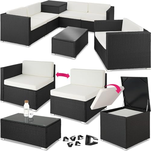 tectake Polyrattan Sitzgruppe mit Aufbewahrungsbox für Polster, Tisch mit Glasplatte, frei zu gruppierendes Gartenmöbel Set, Rattan Lounge für den Garten – Balkonmöbel, Balkonmöbel Kleiner Balkon von tectake