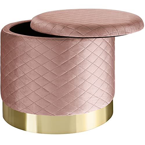 tectake 800839 Sitzhocker mit Stauraum aus Samt, runder Pouf mit Steppmuster, bis 300 kg belastbar, gepolstert, Deckel abnehmbar, großes Staufach, Sockel in Gold (Rosa) von tectake