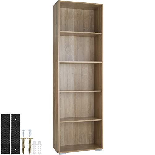 tectake 800842 Bücherregal aus Holz, Standregal mit 5 offenen Fächern, (HxBxT): ca. 190 x 60 x 30 cm, bodenschonende Kunststofffüße (Holz hell, Eiche Sonoma) von tectake