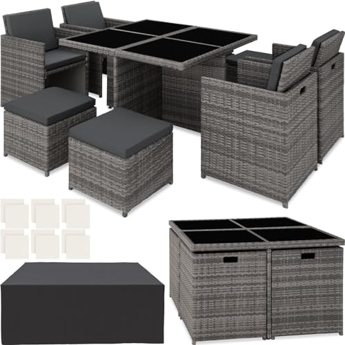 tectake® Lounge Möbel Set 4X Stühle, 4X Hocker, 1x Tisch, platzsparende Cube Aufbewahrung, Outdoor Rattan Gartenmöbel für Balkon, Garten und Terrasse, mit Abdeckung und Wechselbezügen - grau von tectake