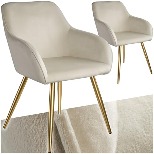 tectake® Esszimmerstühle mit Armlehne, Stuhl, Samt Polster Stühle, Möbel für Esstisch, Schminktisch, Wohnzimmer, Esszimmer, Arbeitszimmer, ergonomischer Dining Chair - créme/Gold, 2er Set von tectake