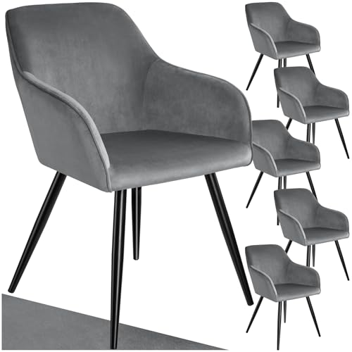 tectake 6er Set moderner Esszimmer Stuhl, Sitzfläche aus Samt, Armlehnstuhl, Sessel Wohnzimmer, gepolsterter Office Chair mit schwarzen Metallbeinen, Schminktisch Stuhl - grau/schwarz von tectake