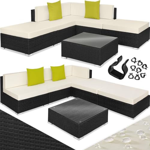 tectake® Aluminium Poly Rattan Lounge, modulares Gartenmöbel Set, großer Outdoor Couch Tisch mit Glasplatte, Sofa Set wetterfest für Garten, Balkon und Terrasse, extra Dicke Polster - schwarz von tectake