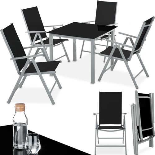 tectake® Gartenmöbel Set mit Tisch und 4 klappbaren Stühlen mit Verstellbarer Rückenlehne, Aluminium Gartenmöbel 4+1, Sicherheitsglas Tischplatte, Gartentisch mit Stühlen, wetterfest - Silber grau von tectake