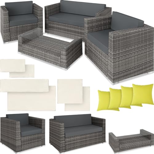 tectake® Poly Rattan Aluminium Garten Lounge Set wetterfest, Sofa Tisch mit Glasplatte, Loungemöbel mit 2 Bezugsets, 4 Kissen, Möbel Set mit Couch, Sessel und Tisch, Sitz- und Rückenkissen - grau von tectake