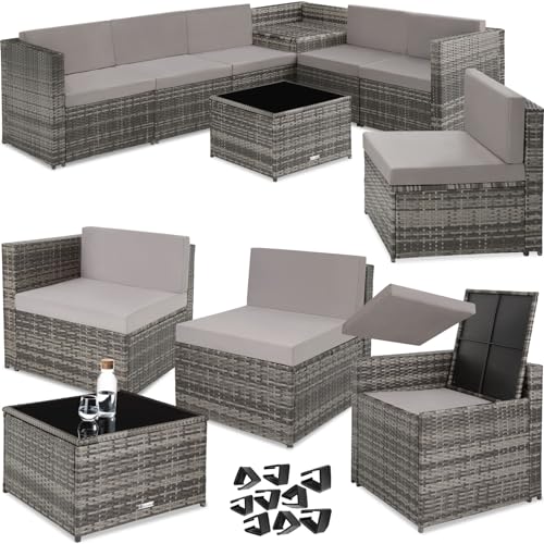 tectake Polyrattan Gartenlounge, frei zu gruppierende Balkon Möbel, Gartenmöbel Set mit einem Beistelltisch Outdoor, inkl. Auflagenbox und Sitz- und Rückenkissen - grau von tectake