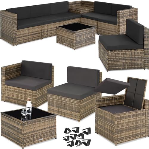 tectake Polyrattan Gartenlounge, frei zu gruppierende Balkon Möbel, Gartenmöbel Set mit einem Beistelltisch Outdoor, inkl. Auflagenbox und Sitz- und Rückenkissen - Natur von tectake