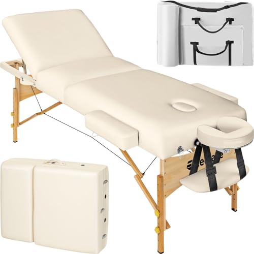 tectake Massageliege 3 Zonen, Massageliege klappbar, Massagetisch mit 7,5cm Polsterung, höhenverstellbar, Mobile Massageliege, Kopf- und Armstütze, Massagebank mit Holzfüßen, Tragetasche - beige von tectake