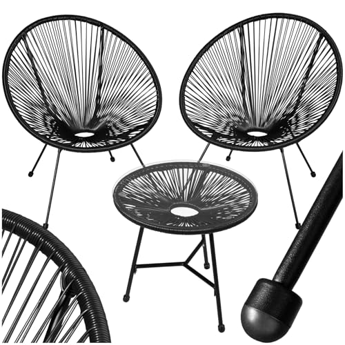 tectake® Set 2X Stuhl 1x Beistelltisch Acapulco, Gartenstuhl, Gartenstühle im Retro Design, Indoor und Outdoor Sessel für Garten, Wintergarten, als Terrassenstühle oder Balkon Sessel - schwarz von tectake