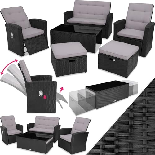 tectake® Balkon Lounge Sitzgruppe für 6 Personen, 2 gemütliche Sessel, 2 Hocker, 1 Couch, 1 Tisch mit Glasplatte, Poly Rattan Geflecht, Gartenmöbel Set, Balkonmöbel, Loungemöbel wetterfest - schwarz von tectake