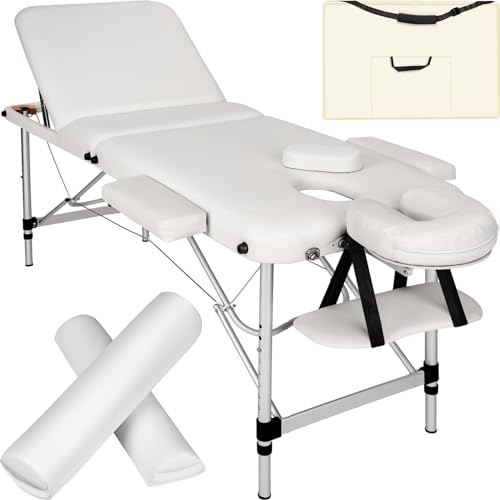 tectake® Massageliege, klappbar, höhenverstellbar, Massagetisch mit 3 Zonen, Massagebank, Kosmetikliege inkl. Zubehör Tasche, Voll- und Halbrolle, Möbel für Kosmetik, Massage, Tattoo - weiß von tectake