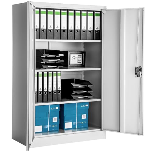 tectake Aktenschrank, Büroschrank abschließbar, Mehrzweckschrank aus Stahl, Allzweckschrank, mit 2 Türen, inkl. 3 höhenverstellbare Einlegeböden, 140x90x40 cm - grau von tectake