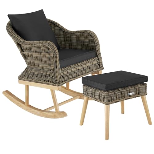 tectake Alu Poly Rattan Schaukelstuhl mit Fußbank, Outdoor Schaukelsessel und Fußhocker, Gestell aus Aluminium & Holz, Sessel mit Hocker für Garten Terrasse Balkon, inkl. Polster und Kissen (Natur) von tectake