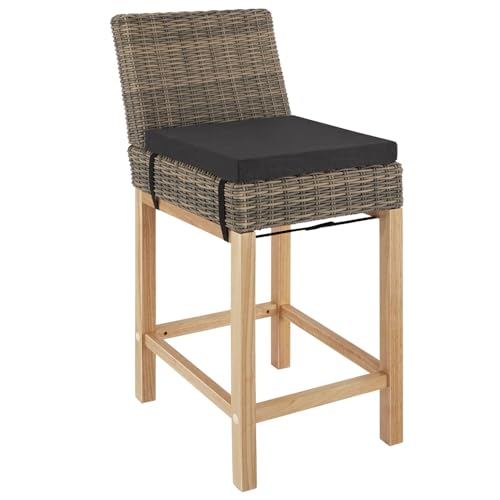 tectake® Alu Rattan Barhocker mit Lehne, Bar Hocker mit Kissen und Fußstütze, 45 x 62,5 x 99 cm, Outdoor Barhocker Holz Beine, wetterfest, Bistro Hocker für Theke, Balkon, Garten, Terrasse - Natur von tectake