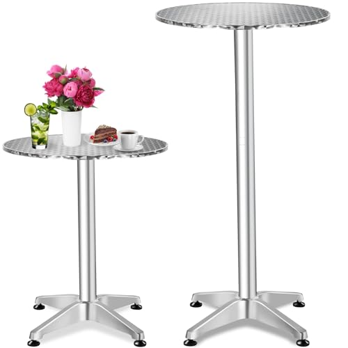 tectake® 2in1 Stehtisch Ø 60cm, Bistrotisch Rund, Bartisch aus Aluminium, höhenverstellbarer Tisch 70cm / 110cm, Partytisch, Gartentisch, Balkontisch, Biertisch, Esstisch rund, Wetterfest - Silber von tectake