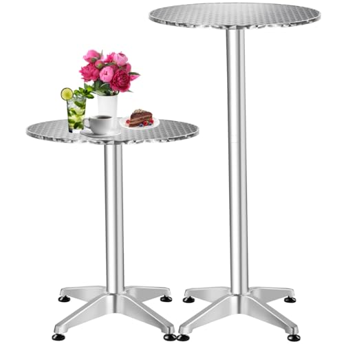 tectake® 2in1 Stehtisch Ø 60cm, Bistrotisch Rund, Bartisch aus Aluminium, höhenverstellbarer Tisch 70cm / 110cm, Partytisch, Gartentisch, Balkontisch, Biertisch, Esstisch rund, Wetterfest - Silber von tectake