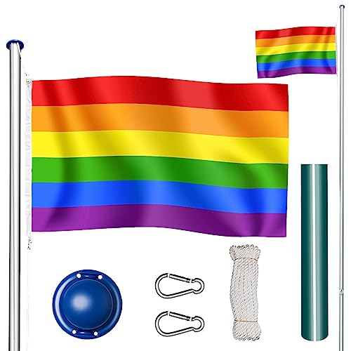 tectake Fahnenmast aus Aluminium, Teleskop Fahnenstange Set mit Flagge, Bodenhülsen, Seilzug, höhenverstellbar bis zu 6,50 m - ideal für Balkon, Garten, Festival und Camping - Regenbogen von tectake