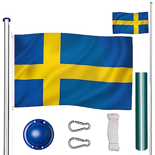 tectake Fahnenmast aus Aluminium, Teleskop Fahnenstange Set mit Flagge, Bodenhülsen, Seilzug, höhenverstellbar bis zu 6,50 m - ideal für Balkon, Garten, Festival und Camping - Schweden von tectake