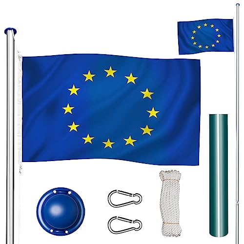 tectake Fahnenmast aus Aluminium, Teleskop Fahnenstange Set mit Flagge, Bodenhülsen, Seilzug, höhenverstellbar bis zu 6,50 m - ideal für Balkon, Garten, Festival und Camping - Europa von tectake