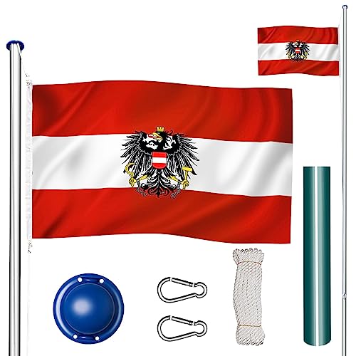 tectake Fahnenmast aus Aluminium, Teleskop Fahnenstange Set mit Flagge, Bodenhülsen, Seilzug, höhenverstellbar bis zu 6,50 m - ideal für Balkon, Garten, Festival und Camping - Österreich von tectake