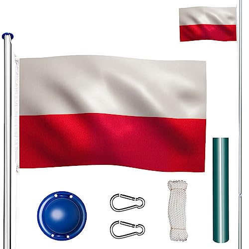 tectake Fahnenmast aus Aluminium, Teleskop Fahnenstange Set mit Flagge, Bodenhülsen, Seilzug, höhenverstellbar bis zu 6,50 m - ideal für Balkon, Garten, Festival und Camping - Polen von tectake