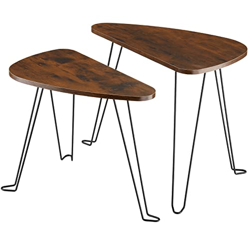 tectake Beistelltisch 2er-Set, dreiseitiger Couchtisch in 2 Größen, Industrie-Stil, Holz Satztische platzsparend untereinander verstaubar, schwarzes Metallgestell (Industrial Dunkelbraun) von tectake