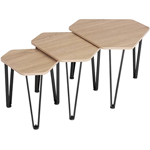 tectake Beistelltisch 3er Set, sechseckiger Couchtisch in 3 Größen, Industrie-Stil, Holz Satztische platzsparend untereinander verstaubar, schwarzes Metallgestell (Industrial Holz hell, Eiche Sonoma) von tectake