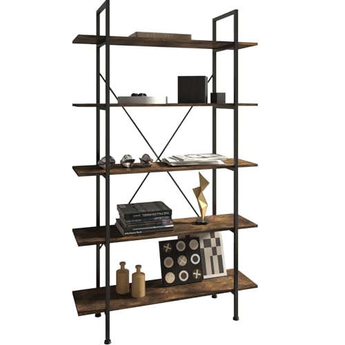 tectake Bücherregal mit 5 Ebenen, stabiles Standregal, Industrial Design, schwarzer Metallrahmen, Vintage Regal aus Holz, 106 x 34,5 x 179,5cm (Industrial Dunkelbraun) von tectake