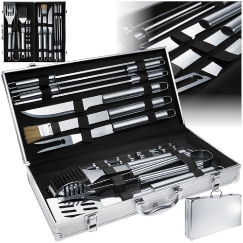 tectake® 18-TLG. Edelstahl Grillbesteck, Grillzubehör für Kugelgrill, Smoker, Kohlegrill, im Garten, beim Camping, als Geschenke für Männer, inkl. Fleischgabel, für Schaschlikgrill von tectake