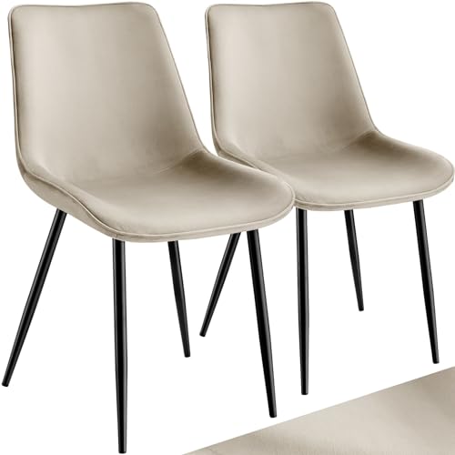 tectake® Esszimmerstühle 2er Set, Polsterstuhl, Küchenstuhl, Wohnzimmerstuhl, Schminktisch Stuhl, ergonomischer Stuhl mit Rückenlehne und Sitzfläche aus Samt, Schwarze Metallbeine - Creme von tectake