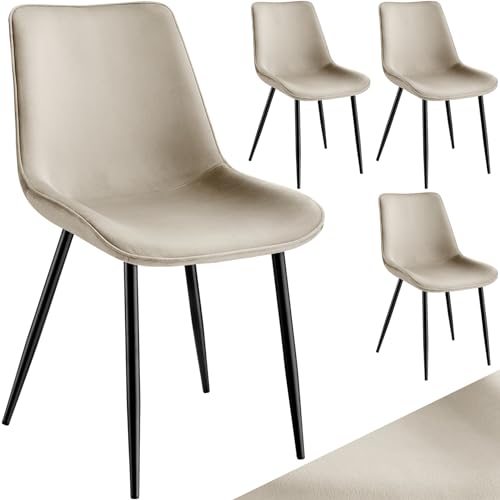 tectake Esszimmerstühle 4er Set, Samt Polsterstuhl mit Rückenlehne, ergonomischer Wohnzimmerstuhl mit gepolsterter Sitzfläche aus Samt, bequemer Küchenstuhl, Schwarze Metallbeine (Creme) von tectake